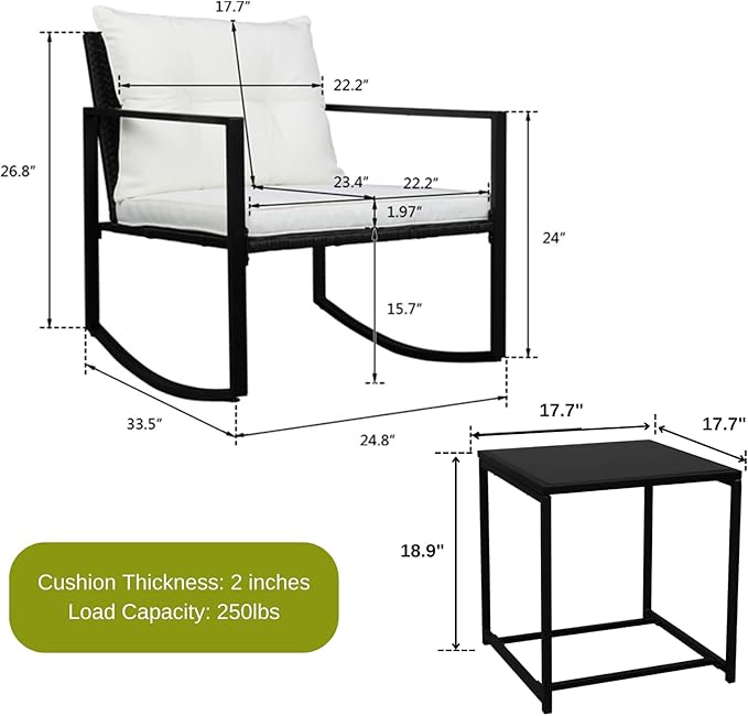 Outvita 3-Piece Rocking Bistro Set, Outdoor Wicker Patio Furniture Set with Glass Coffee Table Perfect for Outdoor Porch, Balcony and Garden (White) - LeafyLoom