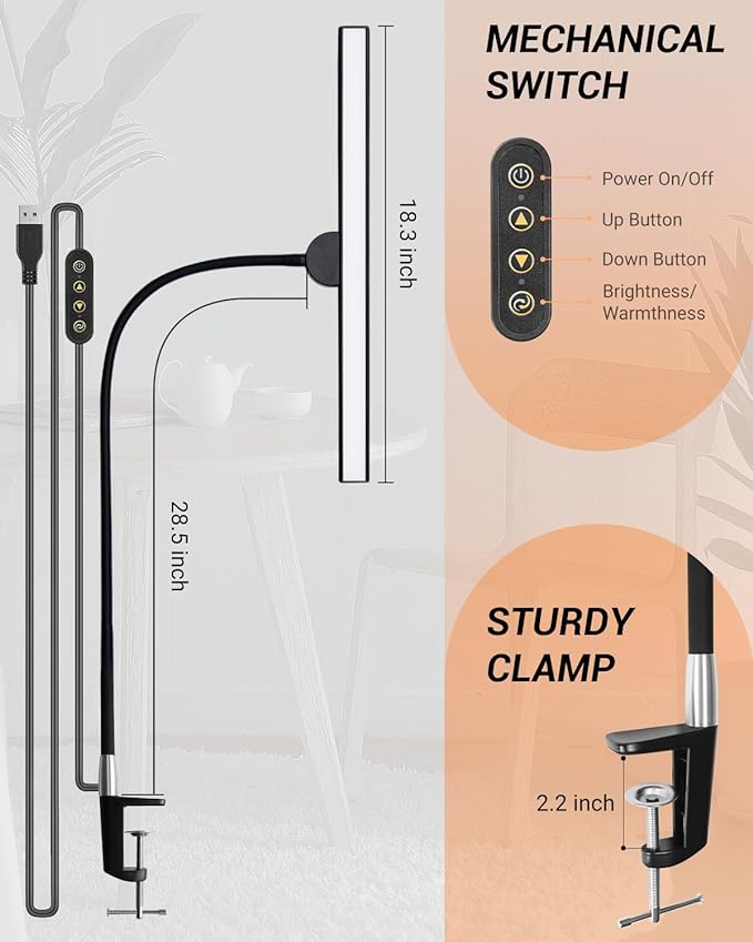 LED Desk Lamps for Home Office, Gooseneck Desk Lamps with Clamp, 30 Lighting Modes Adjustable, 18W Eye-Caring Desk Light, for Reading, Study, Workbench - LeafyLoom