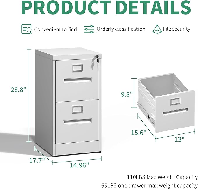 2 Drawer File Cabinet,Metal Filing Cabinets with Lock,White Vertical File Cabinet for Home Office,Heavy Duty Metal Storage Cabinet for A4/Letter/Legal Size File,Assembly Required - LeafyLoom