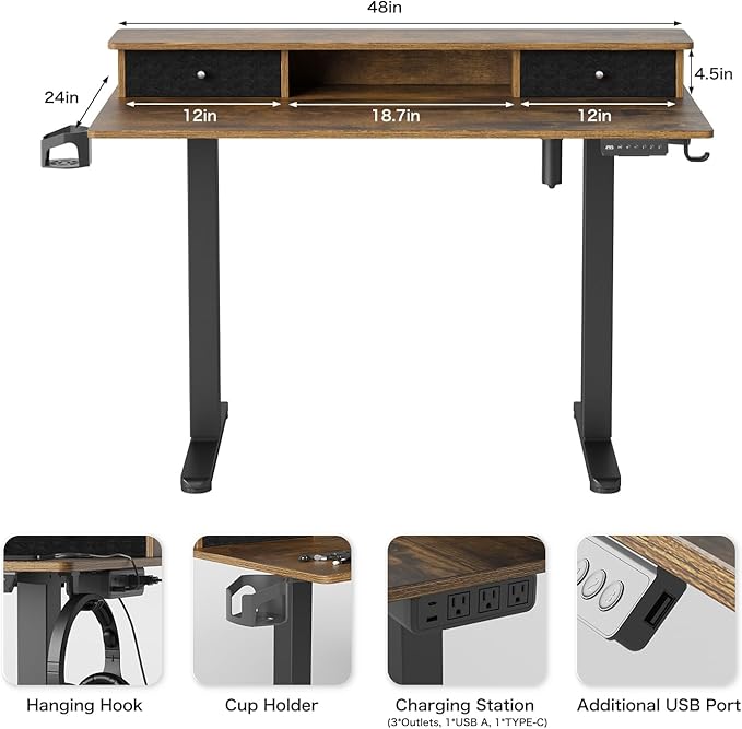 Electric Adjustable Standing Desk, Sit Stand Desk with Power Outlets & LED Lights 48”Adjustable Height Standing Desk with Drawers Adjustable Table Desk Riser for Home Office - LeafyLoom