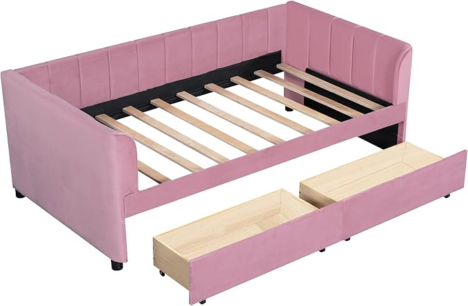 Modern Twin Size Upholstered Daybed Frame with Storage Drawers, Elegant Velvet Fabric Sofa Bed with Ergonomic Design Backrest and Armrests, No Box Spring Needed, Pink - LeafyLoom