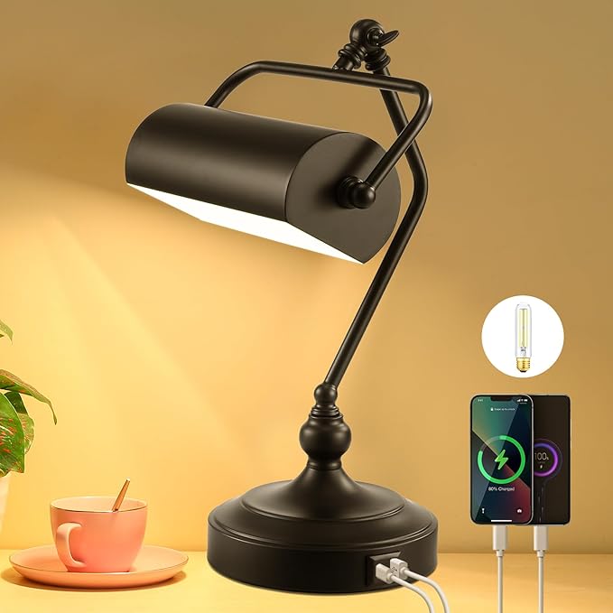 CONCA Classic Antique Touch Adjustable LED Desk Lamp, Bank Lamp, Piano Lamp, Eye Protection Table Lamp with Output Charging Port (Bulb Included in Package) (Black) - LeafyLoom