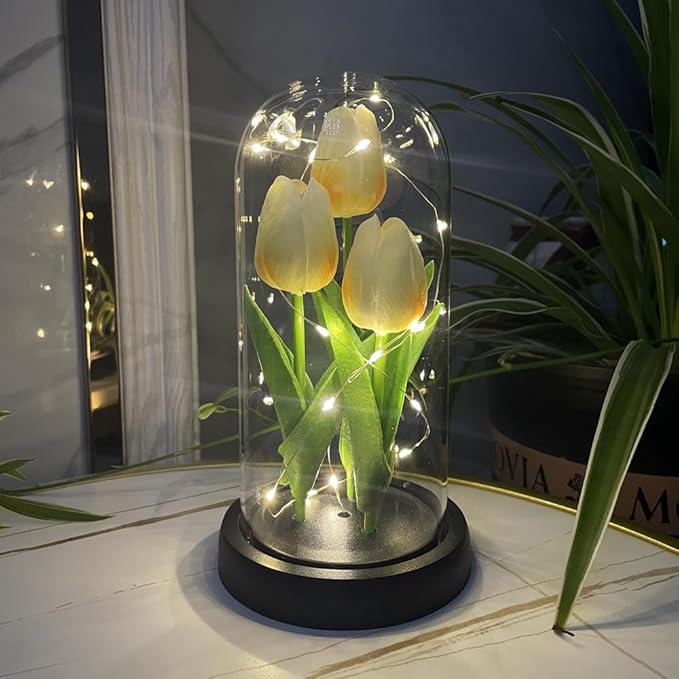 LED Tulip Lamp Artificial Flower Night Light Handmade Light up Tulips in Glass Dome Table Lamp Ornaments Desktop Decor - Battery Operated (Champagne) - LeafyLoom