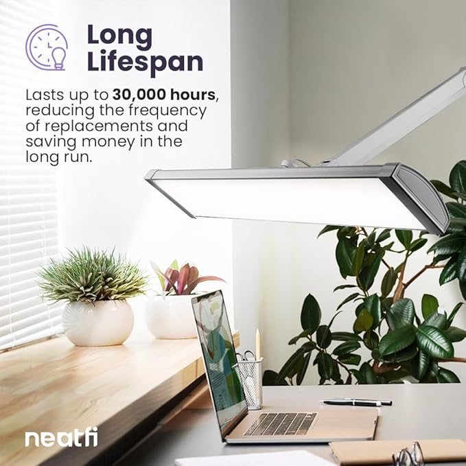 Neatfi Ultra 3,500 Lumen LED Desk Lamp, 45W, 26-Inch Wide Metal Shade, 270 SMD LEDs (Non-CCT with Clamp, Silver) - LeafyLoom