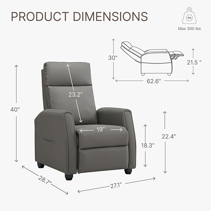 Recliner Chair for Adults PU Leather Push Back Armchair with 4 Colors Ambient Lighting Home Theater Seating with Massage & Heat Vibration Single Sofa for Living Room, Gray - LeafyLoom