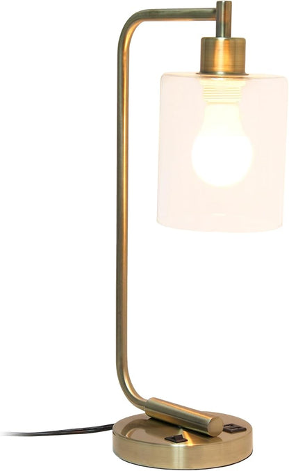 Simple Designs LD1066-ABS-LB Industrial Vintage Bronson Iron Lantern Desk Table Lamp with USB Port and Glass Cylinder Shade for Office, Living Room, Bedroom, Antique Brass, With Feit LED Bulb Included - LeafyLoom