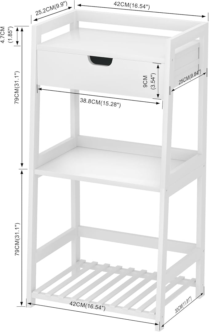 Bathroom Shelves, 3 Tier Ladder Shelf with Drawers, Bamboo Bookshelf Open Shelving, Nightstand Bookcase End Table Plant Stand for Living Room, Bedroom, Bathroom, Kitchen - LeafyLoom