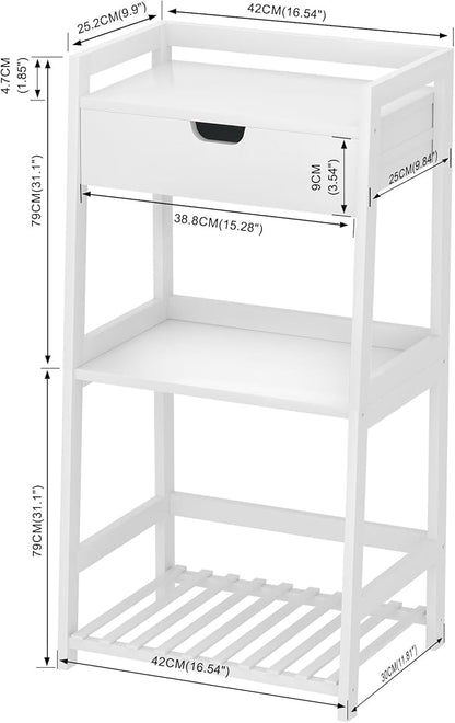 Bathroom Shelves, 3 Tier Ladder Shelf with Drawers, Bamboo Bookshelf Open Shelving, Nightstand Bookcase End Table Plant Stand for Living Room, Bedroom, Bathroom, Kitchen - LeafyLoom