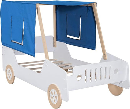 Full Size Race Jeep Car Bed Platform Bed with Tent Canopy and Wheels,Wood Bed Frame W/Raised Bed Design,for Kids Boys Girls Teens,White+Natural - LeafyLoom