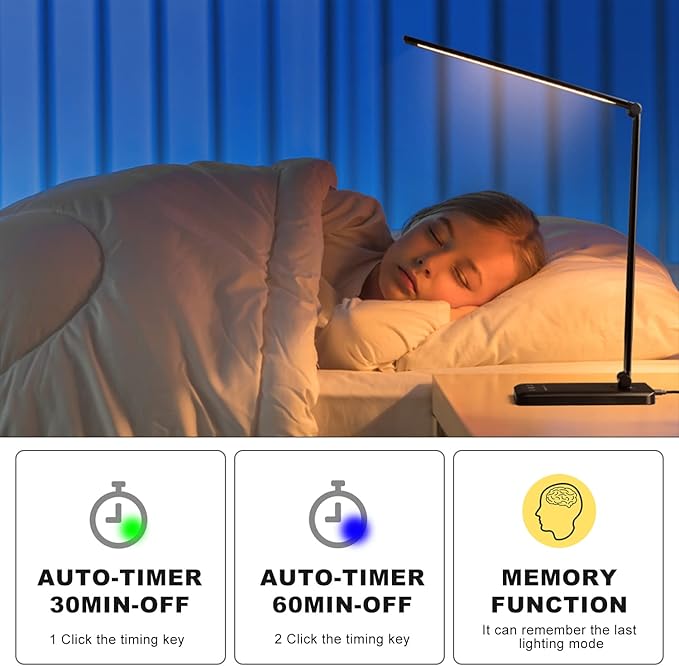 Led Desk Lamp, Desk Lamp with USB Charging Port, 5 Color Modes, 10 Brightness, Natural Light, Eye Caring Reading Lamp, Desk Light for Home Office, Table Lamp, Touch Control, Auto-Timer, Black - LeafyLoom