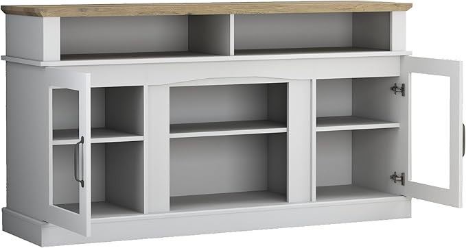 58 Inch TV Stand, Television Stands with 2 Tempered Glass Doors, Storage Cabinet and Shelves, Entertainment Center for Living Room, White+Wood - LeafyLoom