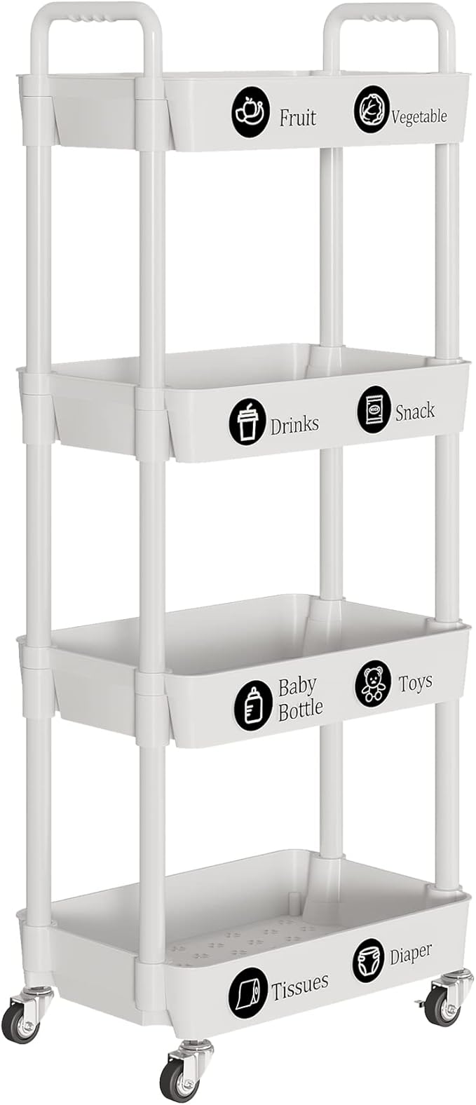 4-Tier Storage Cart,Multifunction Utility Rolling Cart Kitchen Storage Organizer,Mobile Shelving Unit Cart with Lockable Wheels for Bathroom,Laundry,Living Room,With Classified Stickers,White - LeafyLoom