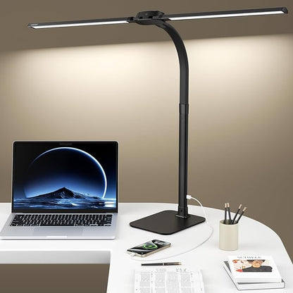 Desk Lamp with USB Charging Port for Home Office 24w Architect Remote Base Dual Task Led Light Modern 5 Color Modes Dimmable Adjustable Gooseneck Double Head Reading Drafting Eye Caring Tall Lamps - LeafyLoom