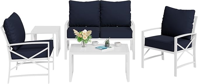 Shintenchi 5 Piece Outdoor Furniture Sets, White Metal Sofa Conversation Sets with Loveseat, Two Single Chairs and Two Coffee Tables for Backyard, Patio, Balcony, Poolside (Dark Blue) - LeafyLoom