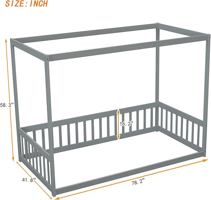 Twin Size Canopy Bed Frame with Guardrails for Kids,Floor Bed Twin with Four Poster Design,Kids Montessori Floor Bed,Wood Canopy Bed Frame for Girls,Boys(Twin,Grey) - LeafyLoom