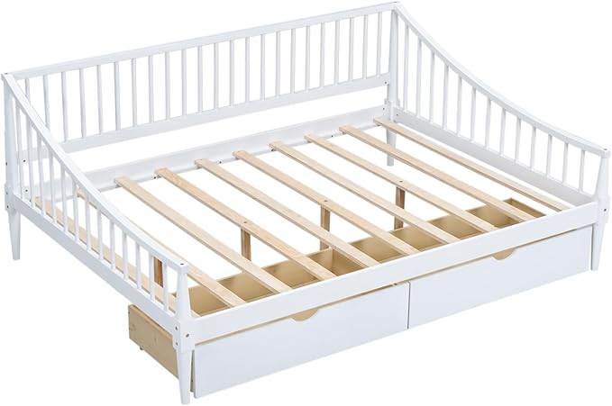 Full Size Daybed with Two Drawers,Solid Wood Storage Bed Frame W/Wooden Slat Support,Guide Rail Design on Three Sides,Easy to Assemble,for Bedroom Living Room,White - LeafyLoom