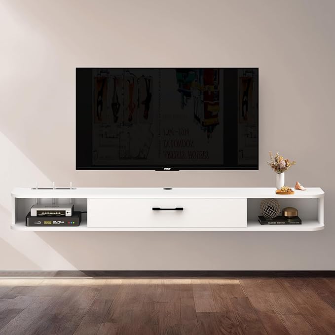 Floating TV Unit, 55'' Wall Mounted TV Cabinet, Floating Shelves with Door, Modern Entertainment Media Console Center Large Storage TV Bench for Living Room & Office (55.12IN, White) - LeafyLoom