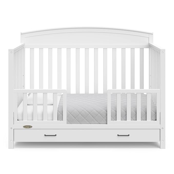 Graco Benton 5-in-1 Convertible Crib with Drawer (White) - Converts from Baby Crib to Toddler Bed, Daybed and Full-Size Bed, Fits Standard Full-Size Crib Mattress, Adjustable Mattress Support Base - LeafyLoom