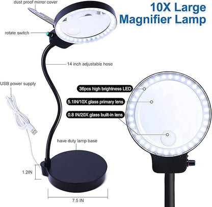 Magnifying Glass with Light and Stand, 10X 20X Magnifying Desk Lamp with Brightness Stepless Dimmable, Adjustable Gooseneck for Reading, Close Work, Hobbies - LeafyLoom