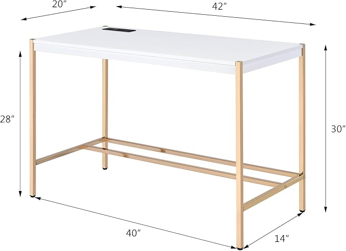 Acme Midriaks Wooden Top Writing Desk with USB Port in White and Gold - LeafyLoom