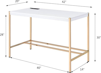 Acme Midriaks Wooden Top Writing Desk with USB Port in White and Gold - LeafyLoom