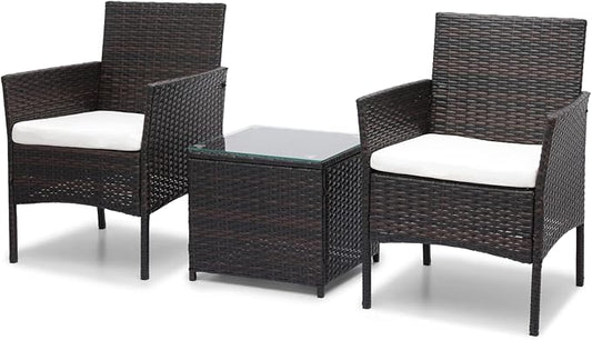 MoNiBloom 3 Pieces Patio Furniture Set, Outdoor Conversation PE Rattan Furniture Front Porch Set with Washable Cushion and Tempered Glass Tabletop for Garden Poolside Balcony, Capacity 250 lbs, Brown - LeafyLoom