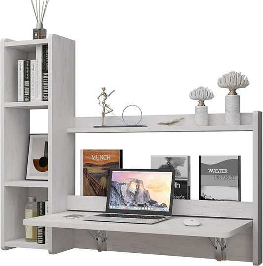 Pmnianhua Floating Desk,41'' Wall Mounted Desk Fold Down Laptop Desk Folding Space Saving Table Workstation with Storage Shelves for Bedroom Study Room Small Space (Off White-Left) - LeafyLoom