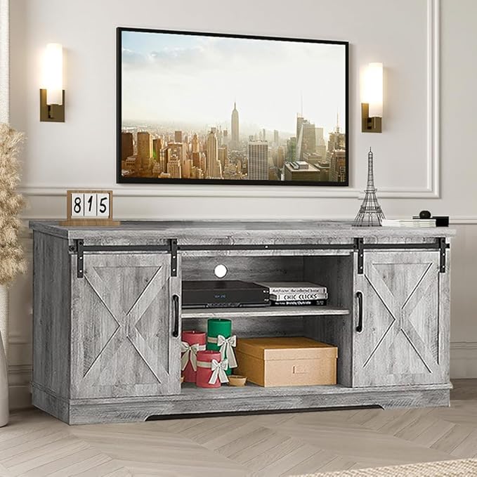 GAOMON Farmhouse TV Stand for 65 Inch TV Entertainment Center TV Media Console Cabinet, TV Stand with Storage, Barn Doors and Shelves, Tall Modern TV Console Table Furniture for Living Bedroom (Grey) - LeafyLoom