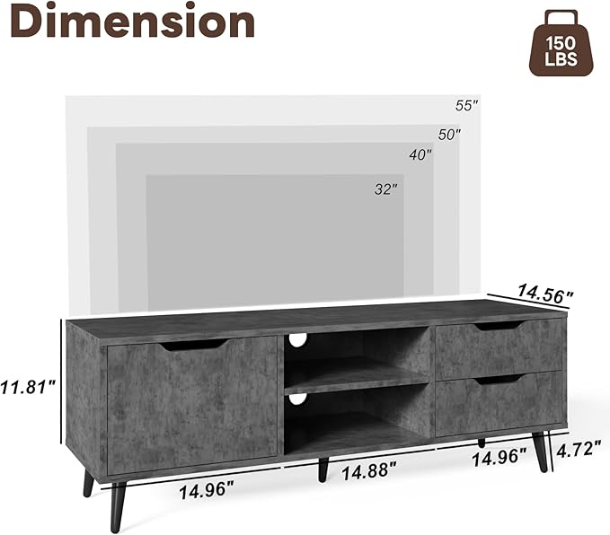 Maxtown TV Stands for Living Room, TV Console Table for 55 Inch TV, Entertainment Center with 1 Cabinet, 2 drawers, Media Console with Metal Feet for Bedroom, Living Room, Dark Grey - LeafyLoom