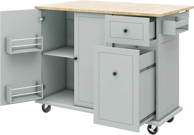 54Inch Kitchen Island Table with Drop Leaf & Adjustable Storage, Rolling Kitchen-Cart on Wheels w/Rubber Wood Top, 3-Tier Pull Out Cabinet Organizer, for Dining Room, Home - LeafyLoom