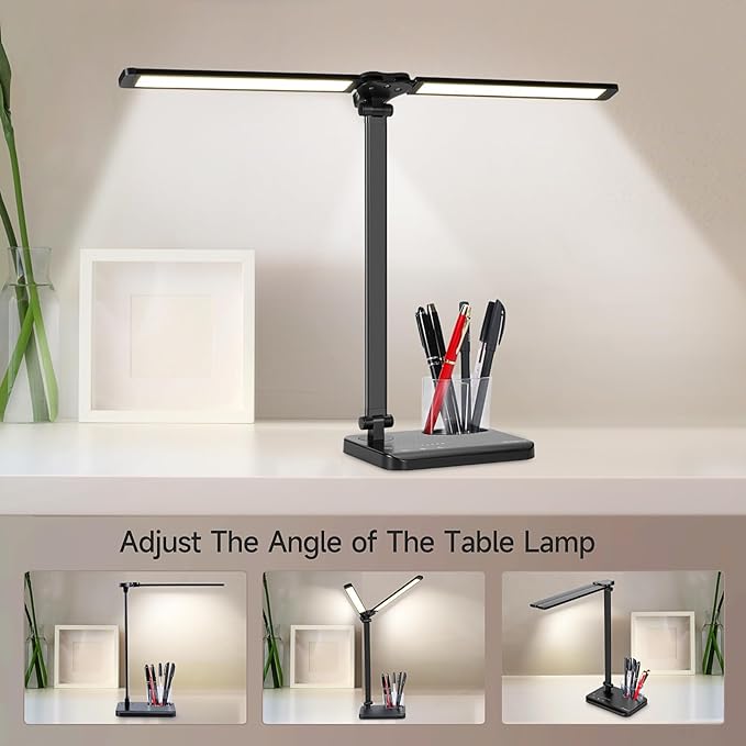 LED Desk Lamp for Home Office - Dual Swing Arm Desk Light with USB Charging Port,Eye-Caring Foldable 5 Color Modes 10 Brightness Levels Dimmable Desk Lamp for College Dorm Room (Black) - LeafyLoom