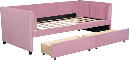 Modern Twin Size Upholstered Daybed Frame with Storage Drawers, Elegant Velvet Fabric Sofa Bed with Ergonomic Design Backrest and Armrests, No Box Spring Needed, Pink - LeafyLoom