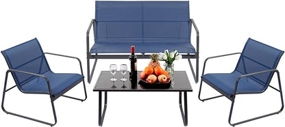 4 Piece Patio Outdoor Furniture Set with Strong Powder Coated Metal Frame One Love Seat, Two Single Chairs and one Table for Porch, Balcony, Backyad, Patio Conversation Set (Navy Blue) - LeafyLoom