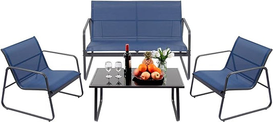 4 Piece Patio Outdoor Furniture Set with Strong Powder Coated Metal Frame One Love Seat, Two Single Chairs and one Table for Porch, Balcony, Backyad, Patio Conversation Set (Navy Blue) - LeafyLoom