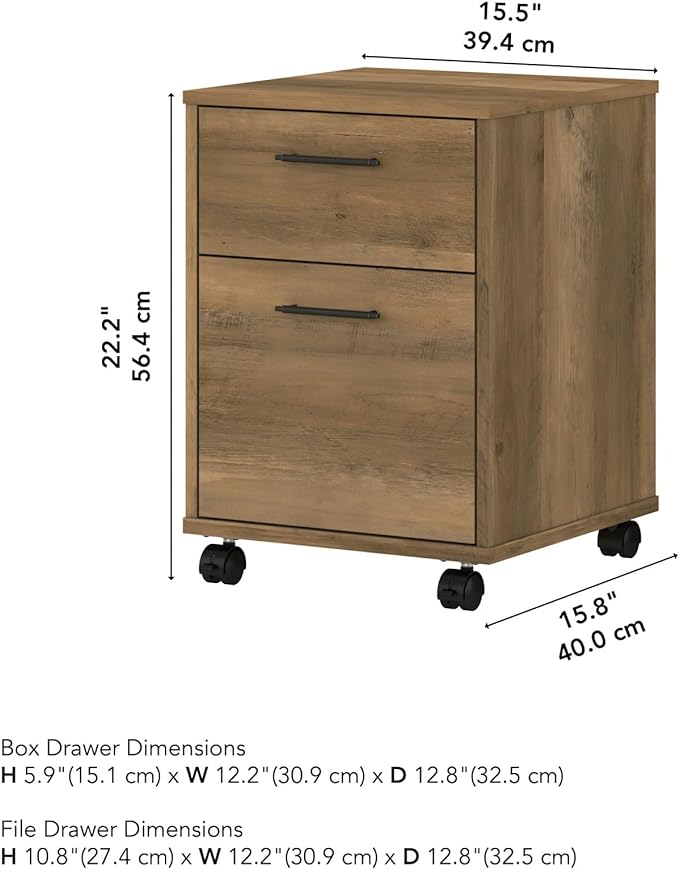 Bush Furniture Key West 2 Drawer Rolling File Cabinet in Reclaimed Pine Mobile Organization for Home Office Small Under Desk Storage on Wheels - LeafyLoom