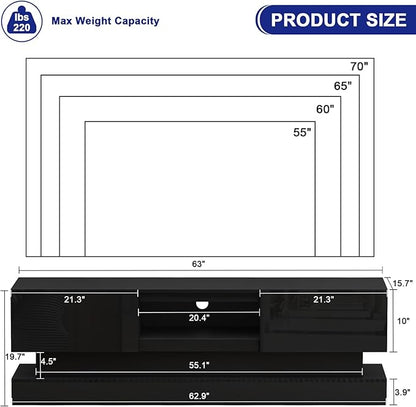 Black TV Stand Modern - TV Stands with Led Lights and Storage Drawers for TVs up to 70 Inch - Gaming TV Entertainment Stand for Living Room, Bedroom - LeafyLoom