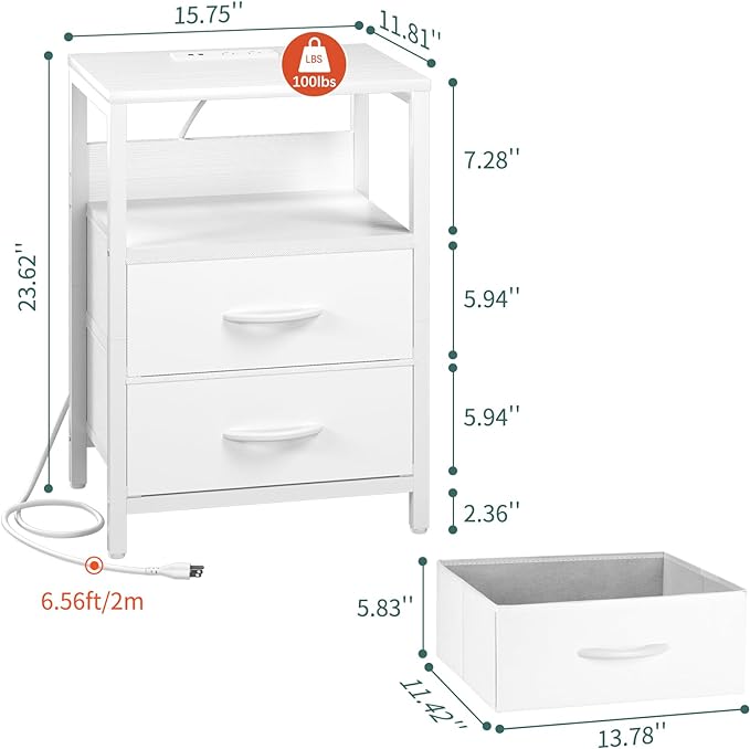 Yoobure Nightstand with Charging Station, LED Night Stand with Fabric Drawers and Storage Shelf for Bedroom, Nightstands Bedside Tables with USB Ports & Outlets, Small Night Stands, Bed Side Table - LeafyLoom