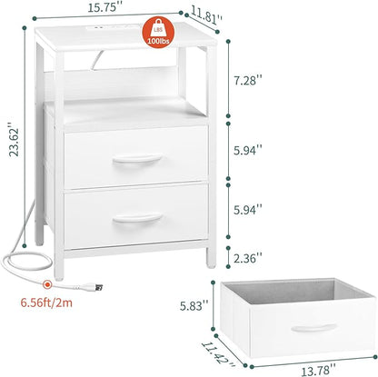 Yoobure Nightstand with Charging Station, LED Night Stand with Fabric Drawers and Storage Shelf for Bedroom, Nightstands Bedside Tables with USB Ports & Outlets, Small Night Stands, Bed Side Table - LeafyLoom