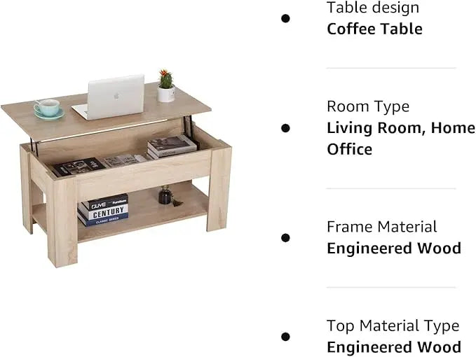 FDW Lift Top Coffee Table with Hidden Compartment and Storage Shelf Wooden Lift Tabletop for Home Living Room Reception Room Office (Natural) - LeafyLoom