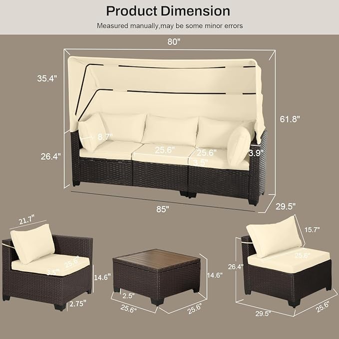 6 PCS Outdoor Patio Furniture Set,Sectional Sofa Set,Rattan Daybed with Retractable Canopy,Adjustable Backrest,Storage Coffee Table,Chaise Chair Sunbed for Porch Garden Poolside Backyard(Beige) - LeafyLoom