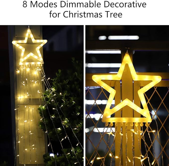 PUHONG Christmas Decoration Outdoor Star String Lights,16.4Ft Christmas Tree Toppers Lights 320 LED 8 Memory Modes with 14" Lighted Star for Halloween Christmas New Year Holiday Birthday(Warm White) PUHONG