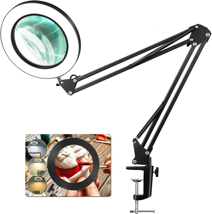 8X Magnifying Glass with Light, 5 Inches Real Glass Lens LED Desk Lamp with Clamp, 3 Color Modes Stepless Dimmable Lighted Magnifier with Light and Stand for Reading Crafts Repair Close Works - Black - LeafyLoom