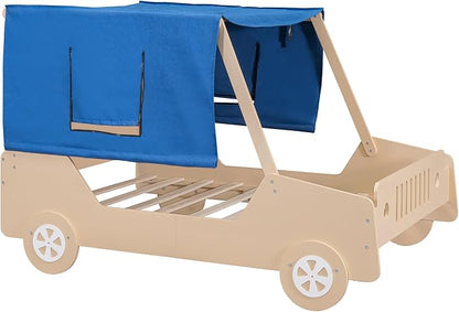 Twin Size Race Jeep Car Bed Platform Bed with Tent Canopy and Wheels,Wood Bed Frame W/Raised Bed Design,for Kids Boys Girls Teens,White - LeafyLoom