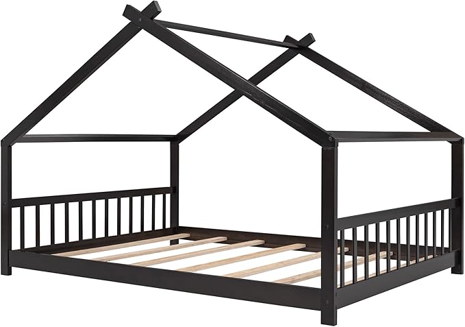 Bellemave Wood Montessori Full Size Bed Frame, Espresso - Playhouse Design, Sturdy, Safety, No Box Spring Needed, Easy Assemble - LeafyLoom