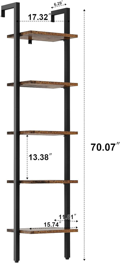 YMYNY 5 Tiers Ladder Bookcase, Industrial Wall Mounted Bookshelf, Open Display Rack with Metal Frame, Wooden Storage Shelves for Bedroom, Home Office, Plant Stand, Rustic Brown, 70*17.3*11.8"UHBC015H - LeafyLoom