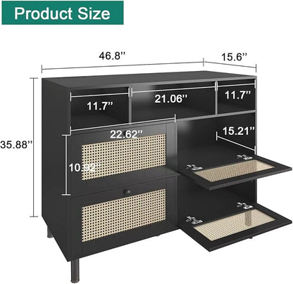 Sideboard Buffet Cabinet, Kitchen Storage Cabinet with Power Outlet & Led Lights, Accent Cabinet with 4 Rattan Doors, Black - LeafyLoom