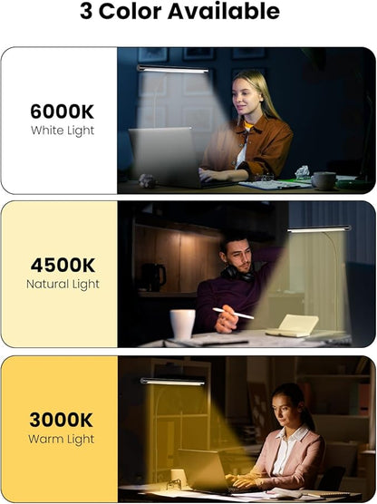 LED Desk Lamp for Home Office, Eye-Caring LED Desk Light Bar with Gooseneck, 12W Dimmable Overhead Light for Desk, Architect Clamp Lamp for Reading Study Workbench - LeafyLoom