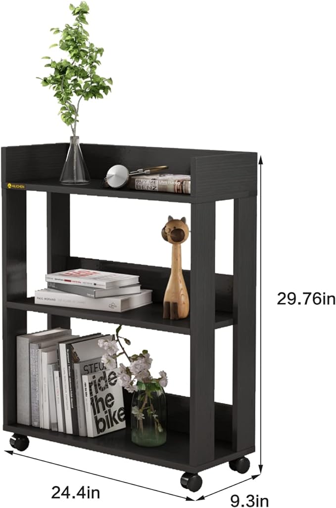 Small Bookshelf and Bookcase, 3 Tier Wood Nightstand with Wheels, Modern Bedside End Table with Storage Rack for Bedroom, Library, Living Room, Home, Office Cart, Black - LeafyLoom