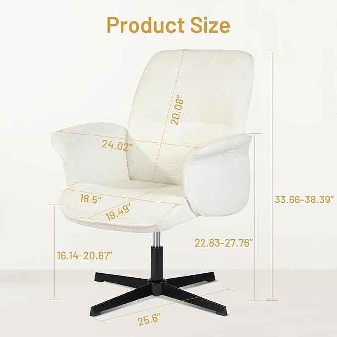 Home Office Chair, Upholstered Linen Fabric Padded Mid Back Accent Chair, Computer Desk Chairs Ergonomic No Wheels Stylish Swivel Adjustable Vanity Chair with Armrests, Beige - LeafyLoom