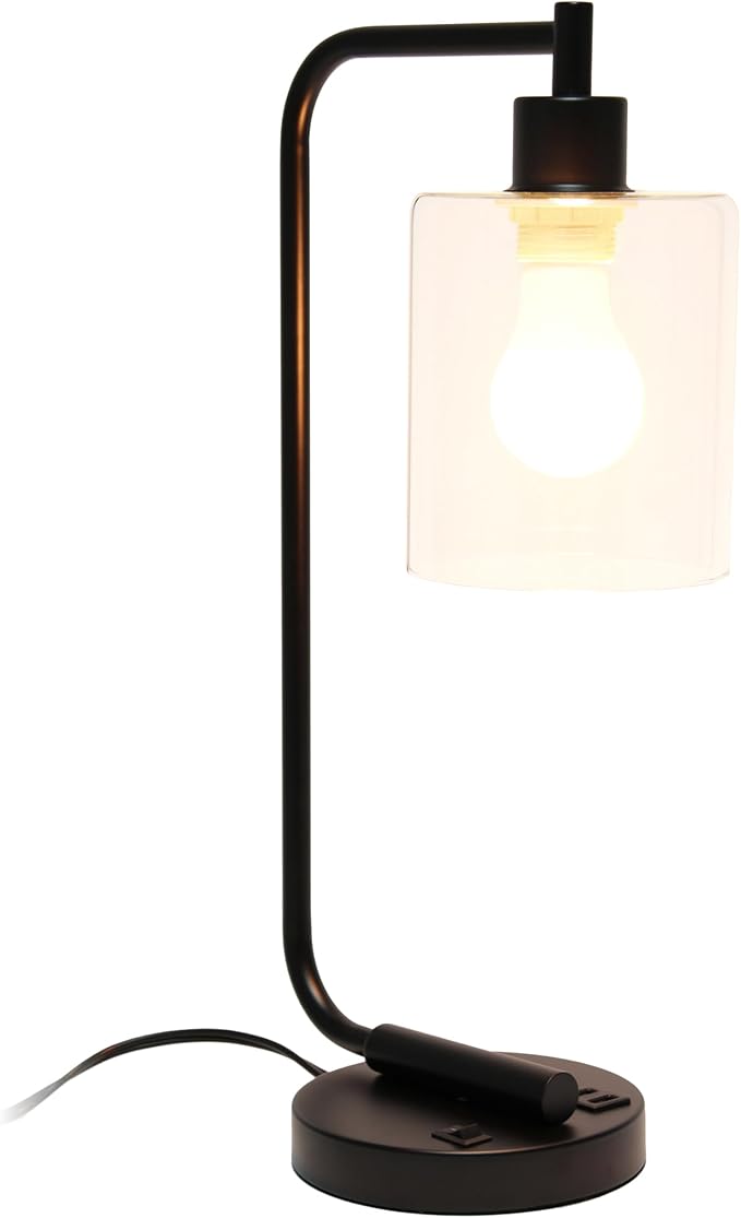 Simple Designs LD1066-BLK-LB Industrial Vintage Bronson Iron Lantern Desk Table Lamp with USB Port and Glass Cylinder Shade for Office, Living Room, Bedroom, Black, with Feit LED Bulb Included - LeafyLoom